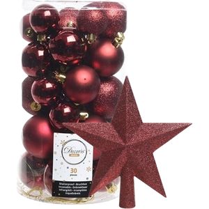 Decoris kerstballen 30x stuks - donkerrood 4/5/6 cm kunststof mat/glans/glitter mix en piek
