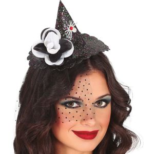 Halloween heksenhoed - mini hoedje op diadeem - one size - zwart glitter - meisjes/dames
