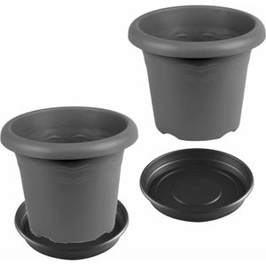 3x stuks bloempotten met onderschaal antraciet grijs rond diameter 30 cm