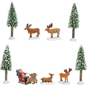 9x stuks kerstdorp accessoires rendier en kerstboompjes