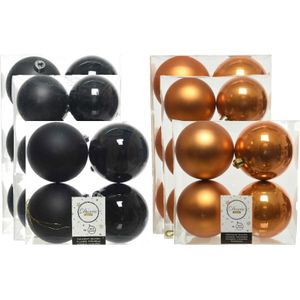 Kerstversiering kunststof kerstballen mix zwart/cognac 6-8-10 cm pakket van 44x stuks