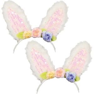 Fiestas Verkleed diadeem paashaas/bunny oren - 2x - wit bloemen - meisjes/dames - Carnaval