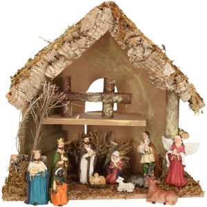 Complete kerststal met kerststal beelden -H26 cm - hout/mos/polyresin