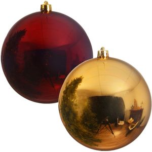 Kerstversieringen set van 6x grote kunststof kerstballen rood en goud 14 cm glans