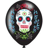 6x Zwarte horror ballonnen Day of the dead sugarskull print 27,5 cm