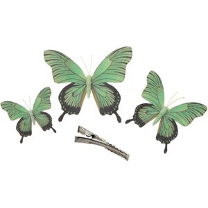 3x stuks decoratie vlinders op clip - groen - 3 formaten - 12/16/20 cm
