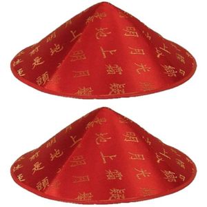 Set van 2x aziatische/chinese hoedjes rood met gouden tekens/letters