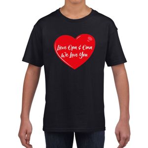 Lieve opa en oma we love you t-shirt zwart met rood hartje voor kinderen