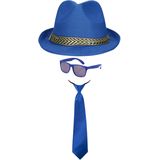 Carnaval verkleedset Men in blue - hoed/zonnebril/stropdas - blauw - heren/dames - verkleedkleding