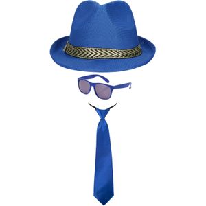 Carnaval verkleedset Men in blue - hoed/zonnebril/stropdas - blauw - heren/dames - verkleedkleding