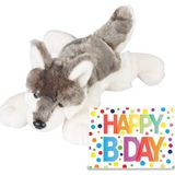 Knuffel wolf 25 cm cadeau sturen met XL Happy Birthday wenskaart