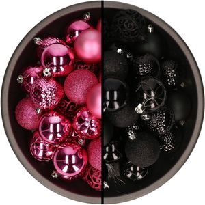 74x stuks kunststof kerstballen mix zwart en fuchsia roze 6 cm