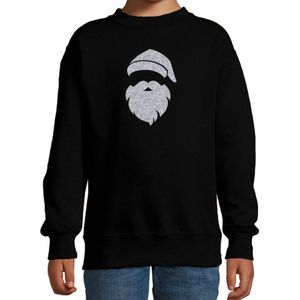 Kerstman hoofd Kerstsweater / Kersttrui zwart voor kinderen met zilveren glitter bedrukking