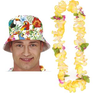 Carnaval verkleed set - Tropische Hawaii party - bucket hoedje - met bloemenslinger geel