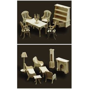 Poppenhuis meubels/meubeltjes set huiskamer en eetkamer - Bouwpakketten kleine meubels inrichting - Vanaf 6 jaar