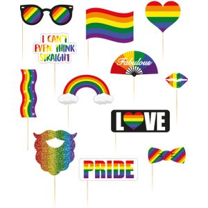 Foto prop set - gay pride - 12-delig - regenboog/rainbow vlag - LHBTI/LGBTQ photo booth accessoires
