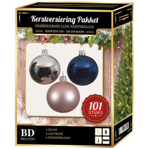 Zilver/lichtroze/donkerblauw Kerstversiering voor 150 cm boom 101-delig