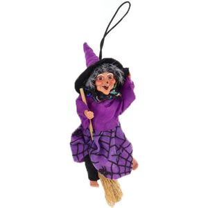 Creation decoratie heksen pop - vliegend op bezem - 10 cm - zwart/paars - Halloween versiering