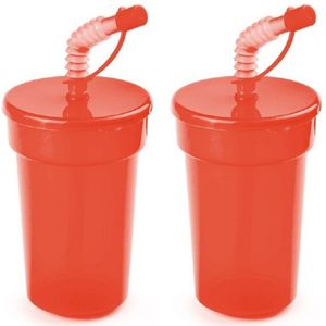 Set van 12x stuks afsluitbare plastic drinkbeker rood 400 ml met rietje voor kinderen