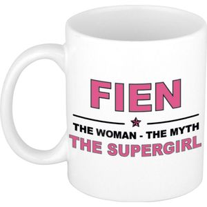 Naam cadeau mok/ beker Fien The woman, The myth the supergirl 300 ml