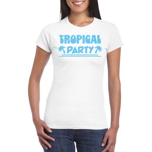 Bellatio Decorations Tropical party T-shirt dames - met glitters - wit/blauw - carnaval/themafeest