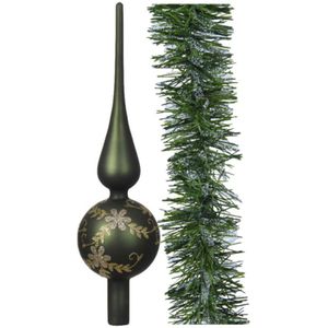 Luxe glazen piek gedecoreerd 31cm -en kerstslinger 270 cm -donkergroen