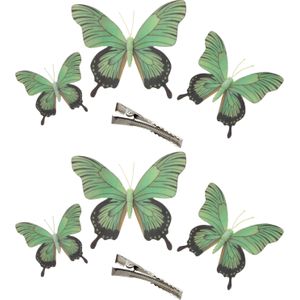 6x stuks decoratie vlinders op clip - groen - 3 formaten - 12/16/20 cm