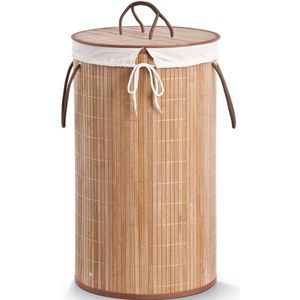 1x Ronde luxe wasgoedmanden van bamboe hout 35 x 60 cm