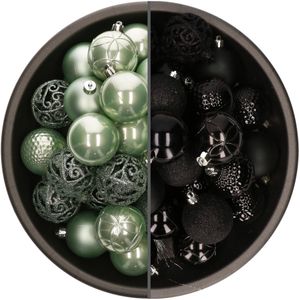 74x stuks kunststof kerstballen mix van zwart en mintgroen 6 cm