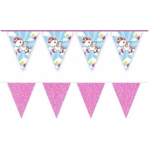 2x Eenhoorns thema vlaggenlijnen print en roze glitters kinderfeestje/kinderpartijtje versiering/decoratie