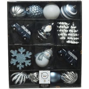 50x Kerstballen en kersthangers figuurtjes lichtblauw/wit kunststof