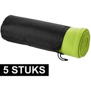 5x Fleecedekens lime groen met tasje 150 cm