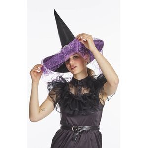 Verkleed heksenhoed - met sluier - zwart/paars - volwassenen - Halloween hoofddeksels