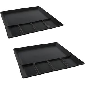 4x stuks fondue/gourmet bord/barbecuebord/gourmetbord met vakjes vierkant aardewerk mat zwart 24 cm