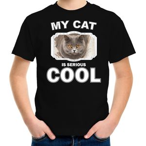 Katten liefhebber shirt Britse korthaar my cat is serious cool zwart voor kinderen