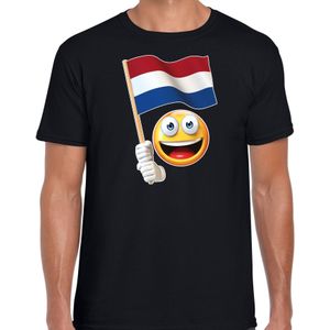 Nederland fan shirt met emoticon en Nederlands zwaaivlaggetje zwart voor heren