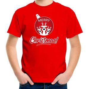 Rood Kerst shirt / Kerstkleding Merry Christmas voor kinderen met rendier kerstbal