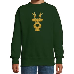 Rendier hoofd Kerstsweater / Kersttrui groen voor kinderen met gouden glitter bedrukking