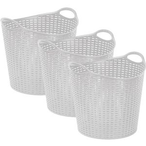 Plasticforte Gevlochten wasmand/opbergmand - 3x - flexibel - ivoor wit - 27 liter - rond - kunststof - 40 x 37 cm