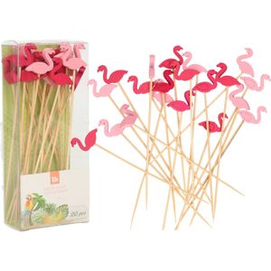 Excellent Houseware Cocktail/tapas prikkers - flamingos - 40x stuks - bamboo - 12 cm