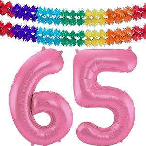Leeftijd feestartikelen/versiering grote folie ballonnen 65 jaar glimmend roze 86 cm + slingers