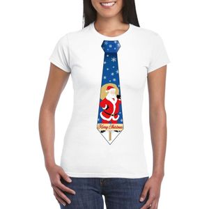 Foute kerst t-shirt met kerstman stropdas wit voor dames