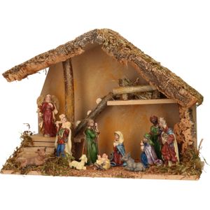 Complete kerststal met kerststal beelden -H28 cm - hout/mos/polyresin