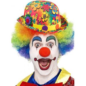 Clown verkleed set gekleurde pruik met bolhoed flower power
