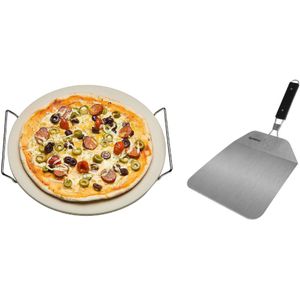 Keramische pizzasteen rond 33 cm met handvaten en inklapbare RVS pizzaschep 25 cm