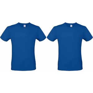 Set van 2x stuks basic heren shirt met ronde hals blauw van katoen, maat: S (48)