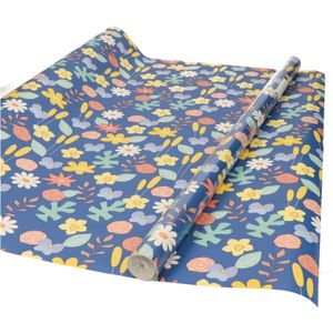 Inpakpapier/cadeaupapier - 5x - blauw met gekleurde bloemen design - 200 x 70 cm
