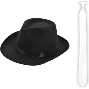 Carnaval verkleed set compleet - gangster/maffia hoedje met stropdas - zwart/wit - volwassenen