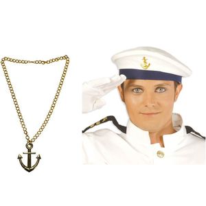 Carnaval verkleed Matrozen hoedje - wit - met gouden anker ketting - volwassenen