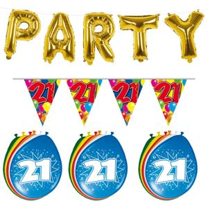 Verjaardag feestversiering 21 jaar PARTY letters en 16x ballonnen met 2x plastic vlaggetjes